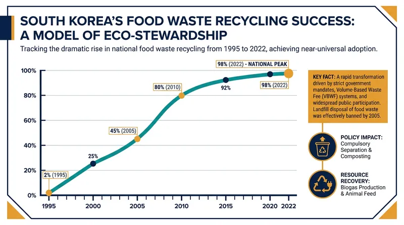 South Korea's food waste recycling rate climbed from just 2% in 1995 to 98% today.