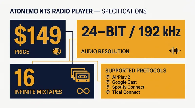 Key specifications and streaming capabilities of the NTS Radio Player.