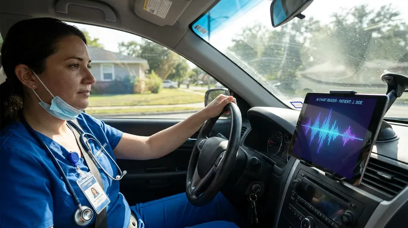 New AI tools synthesize complex medical histories into audio briefings for nurses traveling between patient homes.