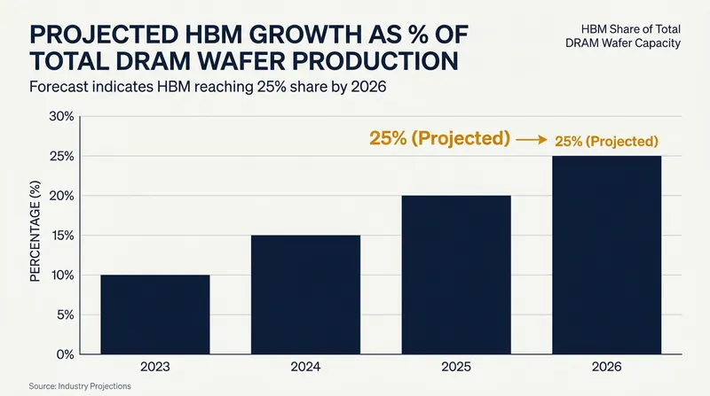 By the end of 2026, HBM is projected to consume a quarter of all global DRAM manufacturing capacity.