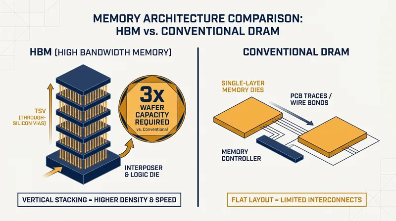 High Bandwidth Memory (HBM) stacks chips vertically to increase speed, but requires roughly three times the manufacturing capacity of standard memory.