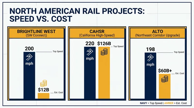 A comparison of scale, speed, and cost across the continent's rail initiatives.
