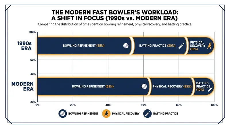 The modern fast bowler faces a complex workload dilemma, balancing bowling refinement with mandatory batting practice.