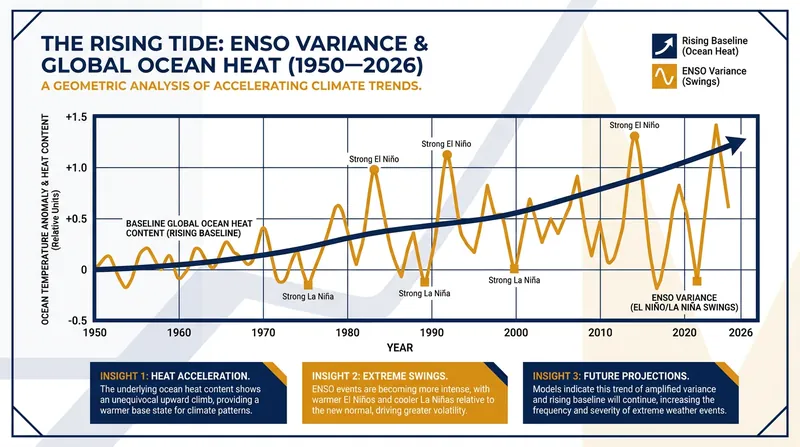 While the natural ENSO cycle oscillates, the baseline ocean temperature it operates upon has risen dramatically over the last 50 years.