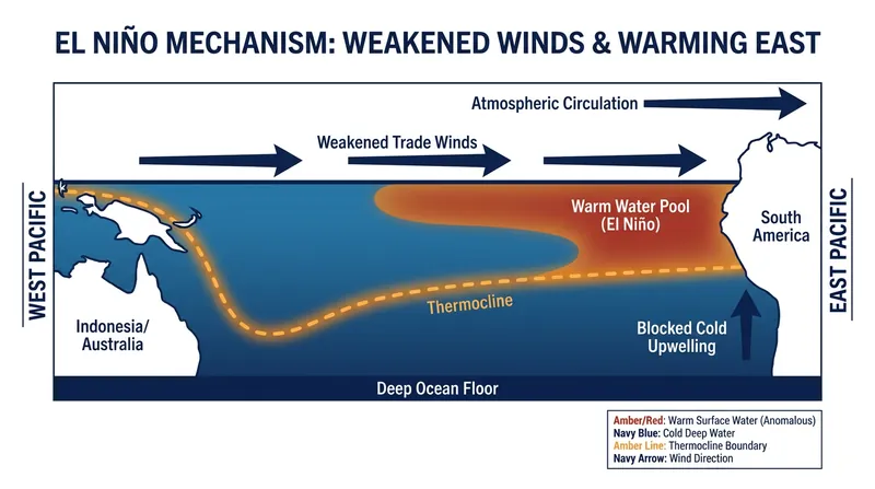 How El Niño works: Weakened trade winds allow warm surface water to slosh eastward, capping the ocean's natural cold-water upwelling.