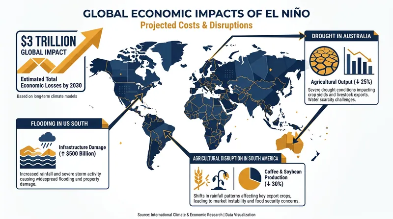 The global economic toll of a severe El Niño can reach into the trillions of dollars due to widespread agricultural and infrastructure disruption.