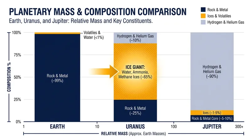 Uranus bridges the gap between rocky terrestrial worlds and massive gas giants.