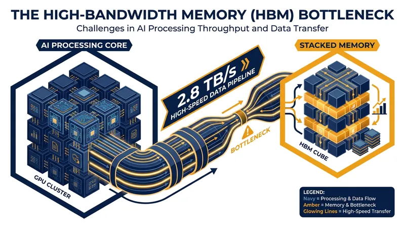 High-Bandwidth Memory (HBM) uses vertically stacked chips to feed data to AI processors at massive speeds, preventing computational bottlenecks.