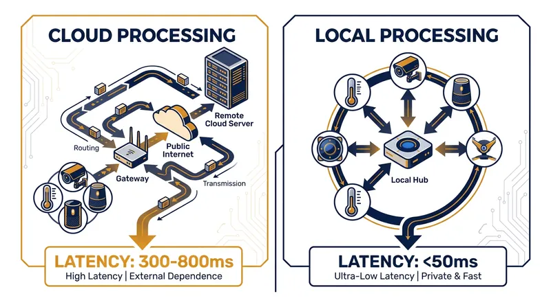 Local processing eliminates the cloud round-trip, dropping response times to under 50 milliseconds.