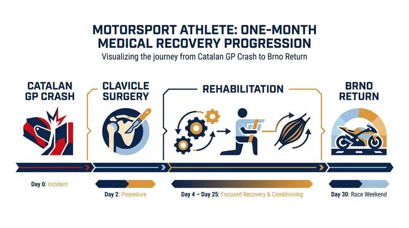 Marquez's accelerated timeline from the Catalan Grand Prix crash to his return in the Czech Republic.