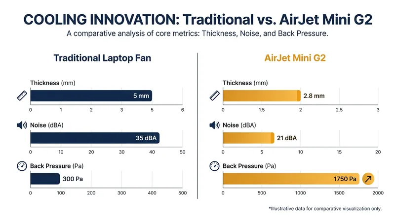 Solid-state cooling generates ten times the back pressure of a traditional fan at a fraction of the acoustic volume.