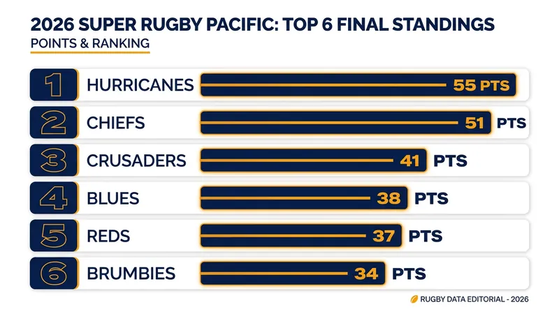 Final 2026 Super Rugby Pacific regular-season standings for the six playoff teams.