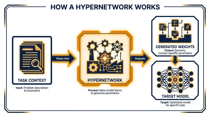 Instead of storing massive models, a hypernetwork generates the exact parameters needed for a specific task at runtime.
