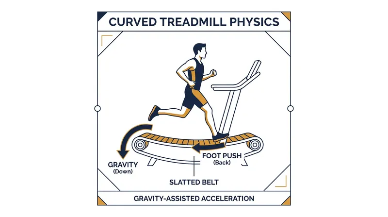 The concave design uses gravity and friction to drive the belt backward with every foot strike.