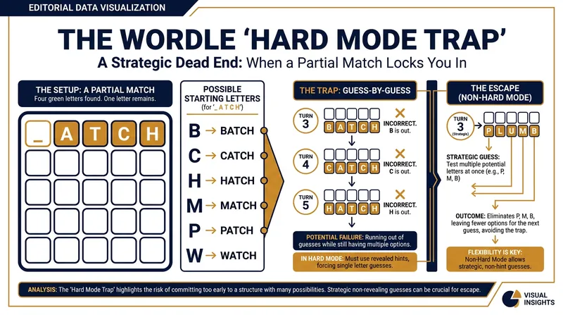 The 'Hard Mode Trap' occurs when a player finds four correct letters but has too many remaining options to test one by one.
