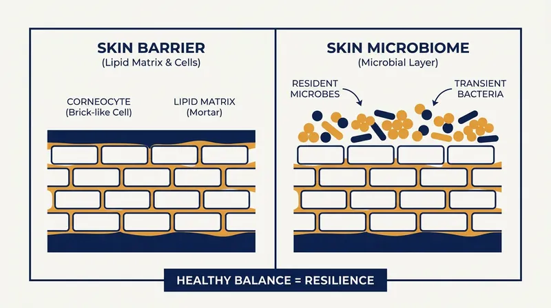 The skin barrier is the physical wall; the microbiome is the living ecosystem that resides on top of it.