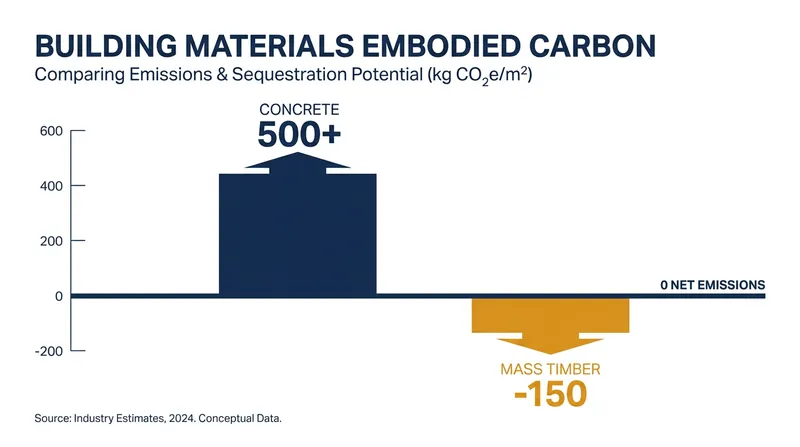 While concrete production emits massive amounts of CO2, mass timber sequesters carbon absorbed by the trees during their growth.