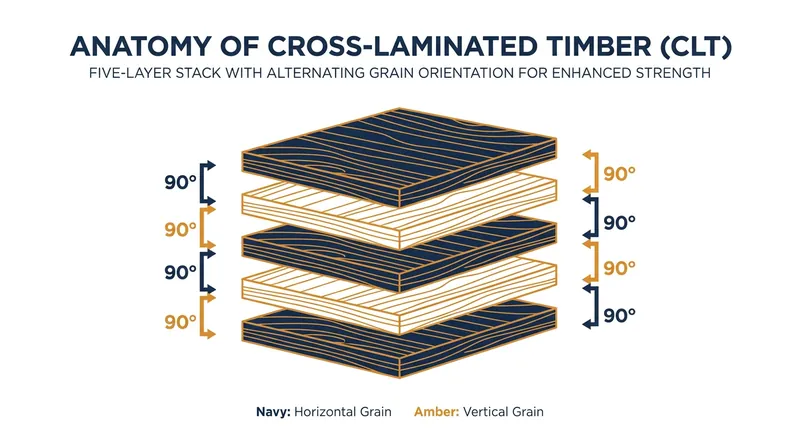 By alternating the grain direction of each layer, CLT panels achieve structural rigidity in multiple directions.