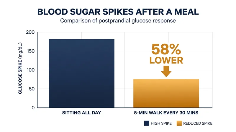 Columbia University researchers found that a 5-minute walk every half hour dramatically reduced post-meal blood sugar spikes.