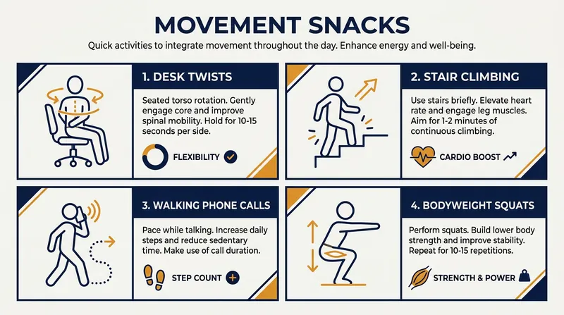 Movement snacks require no equipment and can be seamlessly integrated into a busy schedule.