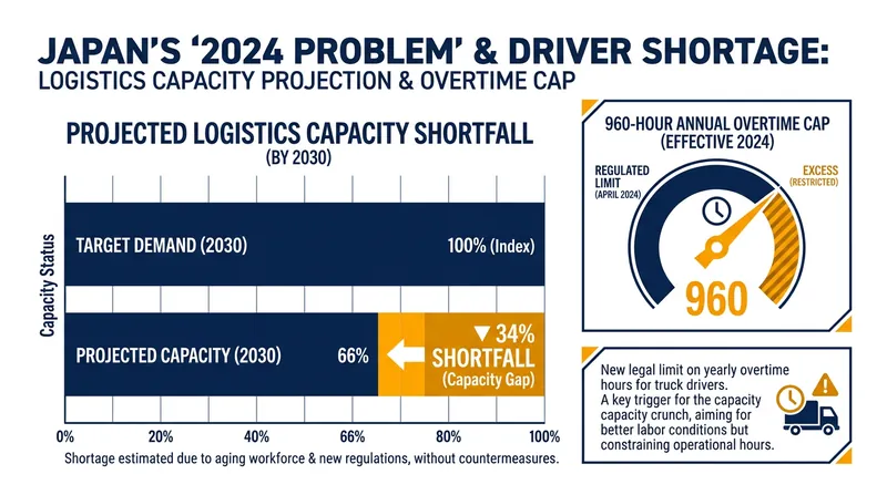 New overtime regulations and an aging workforce are projected to slash Japan's transportation capacity by 34% by 2030.