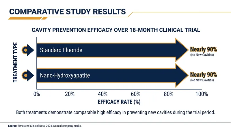 A landmark 18-month double-blind clinical trial demonstrated that hydroxyapatite is statistically equivalent to fluoride in preventing cavities.