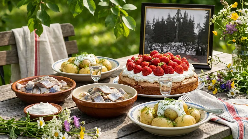 The traditional Midsummer menu features pickled herring, new potatoes, and fresh strawberries.