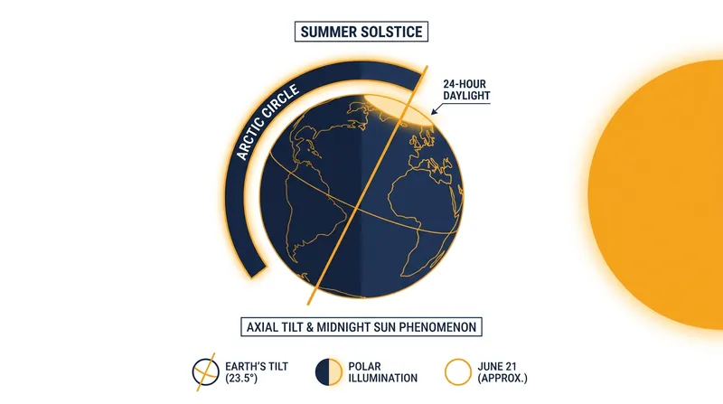 The summer solstice occurs when the Earth's axis tilts closest to the sun, creating the Midnight Sun in the Arctic.