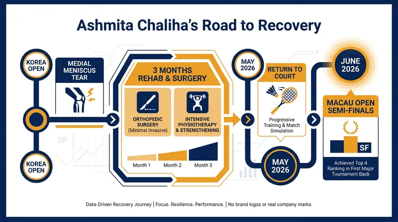 Chaliha's timeline from a severe knee injury to a BWF Super 300 semi-final.