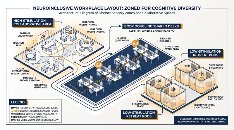 A neuroinclusive floorplan replaces uniform desks with a menu of distinct sensory zones.
