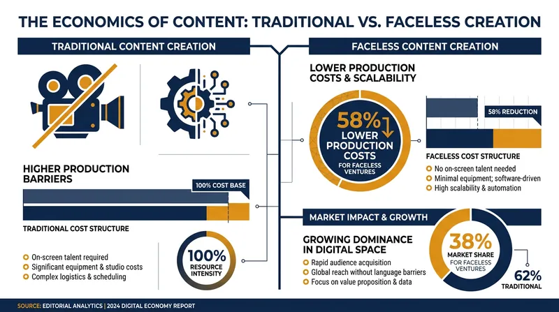 AI tools and automated workflows have drastically reduced the cost and time required to produce faceless content.