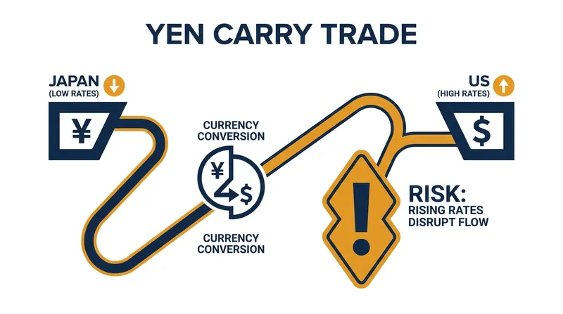 Rising Japanese interest rates threaten to disrupt the yen carry trade, a massive source of global market liquidity.
