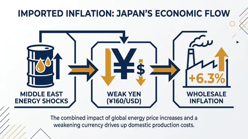 A combination of high global oil prices and a weak yen has driven Japanese wholesale inflation to a three-year high.