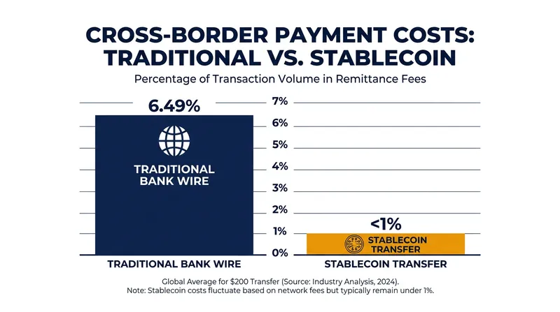 Stablecoin networks bypass correspondent banks, dropping the cost of cross-border transfers to near zero.