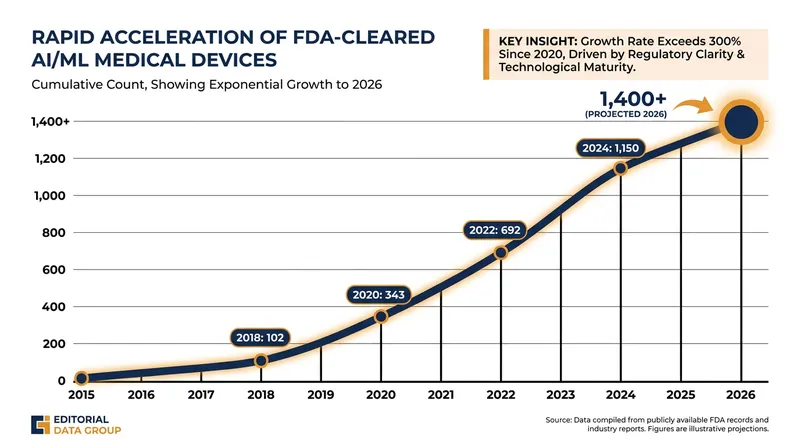 The number of AI-enabled medical devices cleared by the FDA has surged, embedding the technology into core clinical infrastructure.