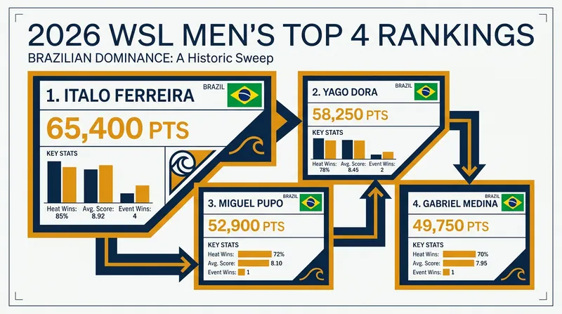 Brazilian surfers currently hold the top four spots in the 2026 men's Championship Tour standings.