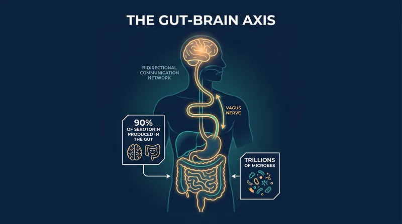 The gut and brain communicate continuously through the vagus nerve, immune signaling, and microbial metabolites.