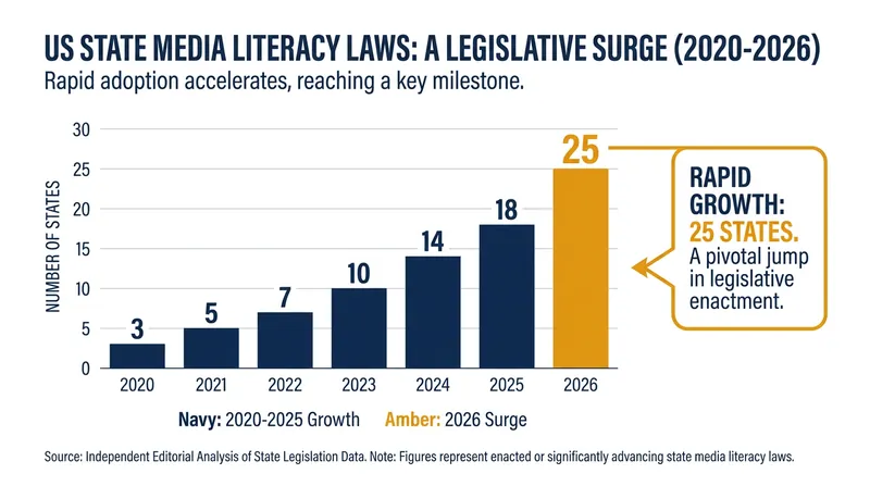 The number of U.S. states enacting media literacy mandates has surged, with 11 new states passing legislation since 2024.