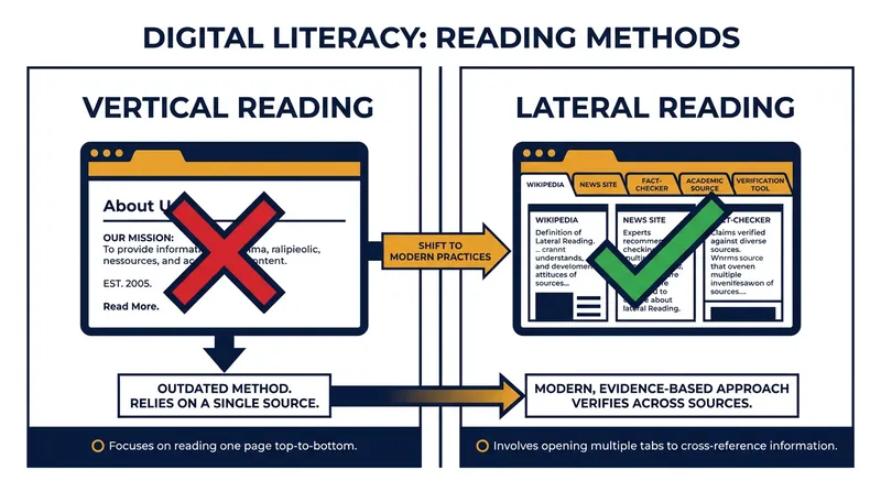 Research shows that 'lateral reading'—leaving an unfamiliar site to verify it elsewhere—is vastly superior to evaluating a site based on its own content.