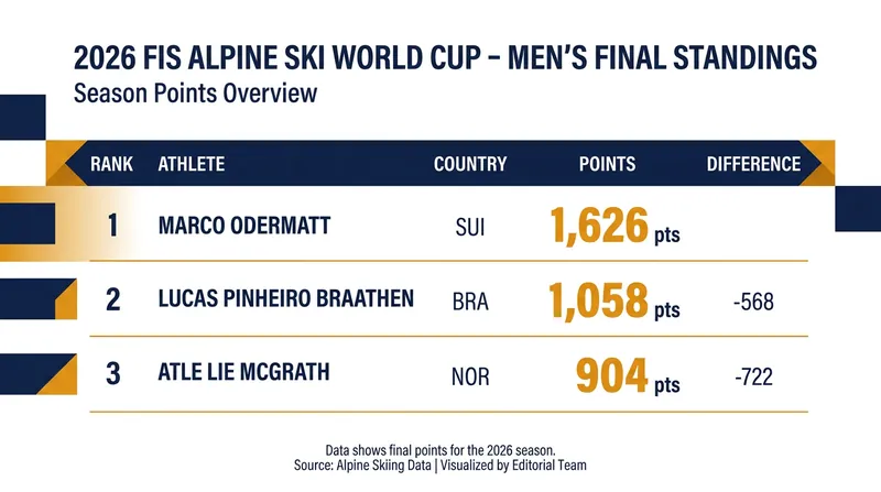 Marco Odermatt secured his fifth consecutive overall title by a massive 568-point margin.