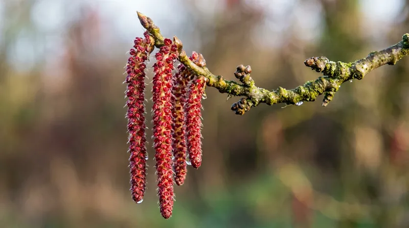 The distinctive red catkins of a male black poplar tree.