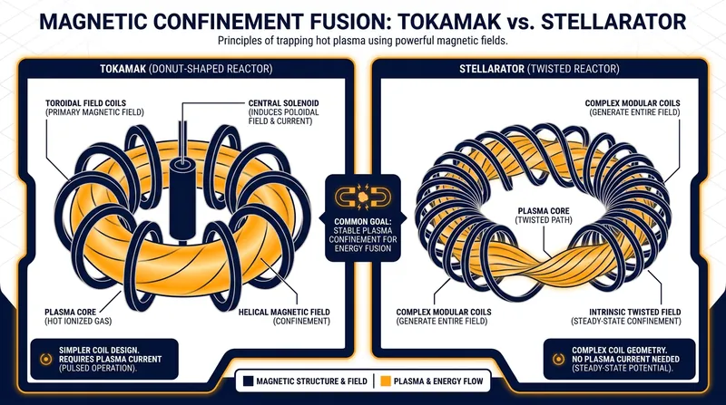 Tokamaks use a symmetrical donut shape, while stellarators use a twisted magnetic field for greater stability.