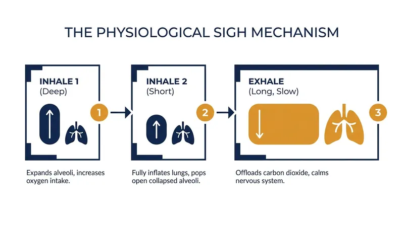 The physiological sigh leverages a double-inhale to offload carbon dioxide, followed by an extended exhale to activate the parasympathetic nervous system.