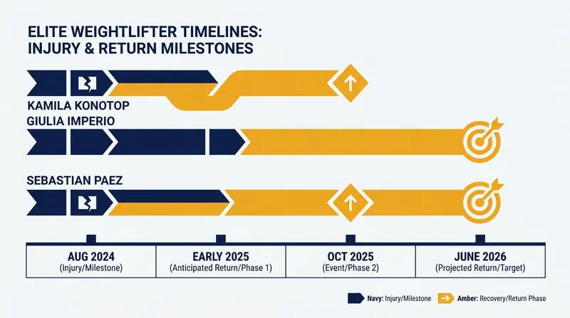 Timelines of major injuries and subsequent returns to international competition.