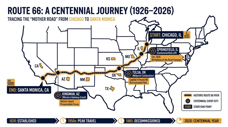 The historic 2,448-mile route crosses eight states, from the Great Lakes to the Pacific Ocean.
