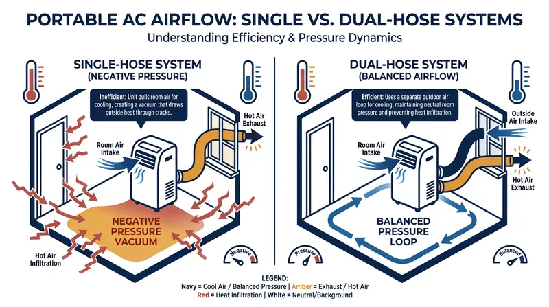 How single-hose units create a negative pressure vacuum that pulls hot outdoor air inside.