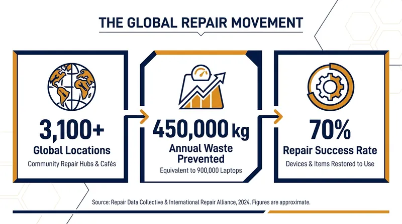 The Repair Cafe network has scaled rapidly, diverting hundreds of thousands of kilograms of waste from landfills.