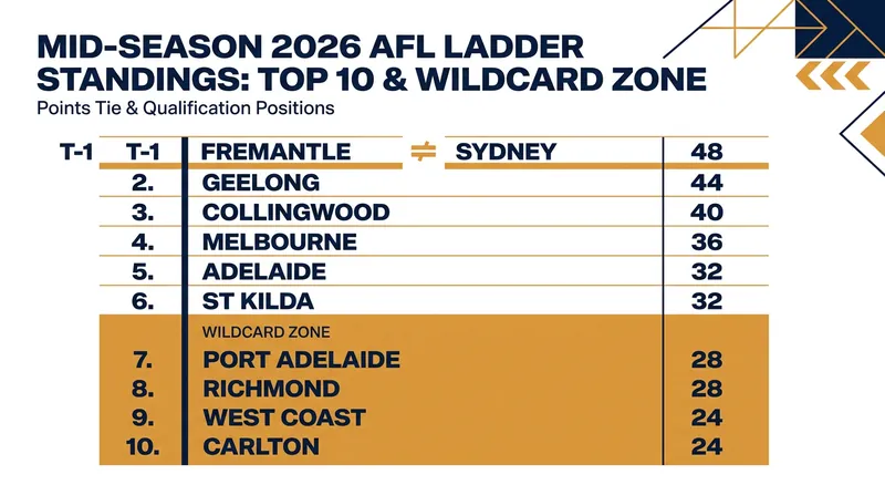 Fremantle and Sydney lead the pack, while the new top-10 format keeps the middle of the ladder highly competitive.