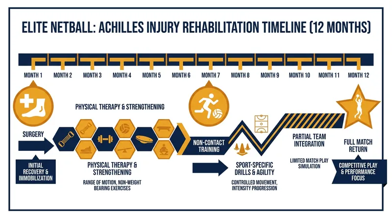 The grueling 12-month timeline required to return from a ruptured Achilles tendon in professional netball.