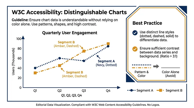 Accessible design requires high-contrast palettes and distinct patterns to ensure charts are readable for users with color blindness.